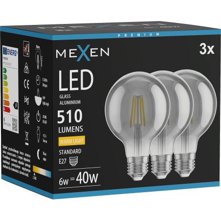 Mexen Vintis 3x Žárovka filament LED E27, G80, 6W, Teplá - 2700K, 510 lm, kouřová - L155-E27-0627-70x03