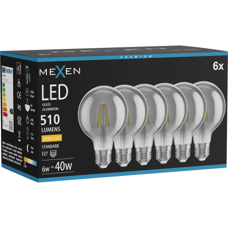 Mexen Vintis 6x Žárovka filament LED E27, G80, 6W, Teplá - 2700K, 510 lm, kouřová - L155-E27-0627-70x06