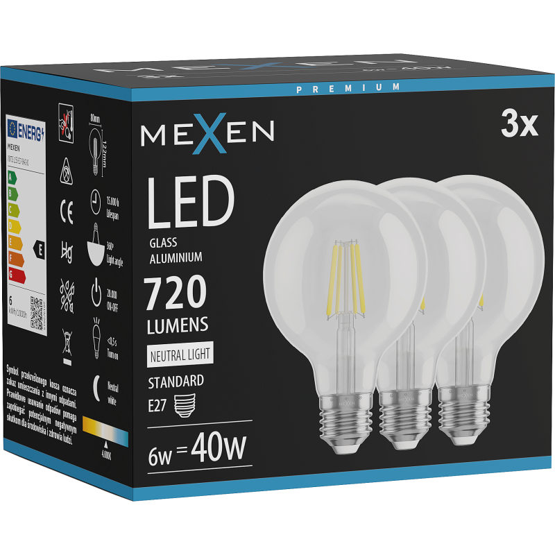 Mexen Vintis 3x Žárovka filament LED E27, G80, 6W, Neutrální - 4000K, 720 lm, čirá - L155-E27-0640-00x03