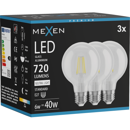 Mexen Vintis 3x Žárovka filament LED E27, G80, 6W, Neutrální - 4000K, 720 lm, čirá - L155-E27-0640-00x03