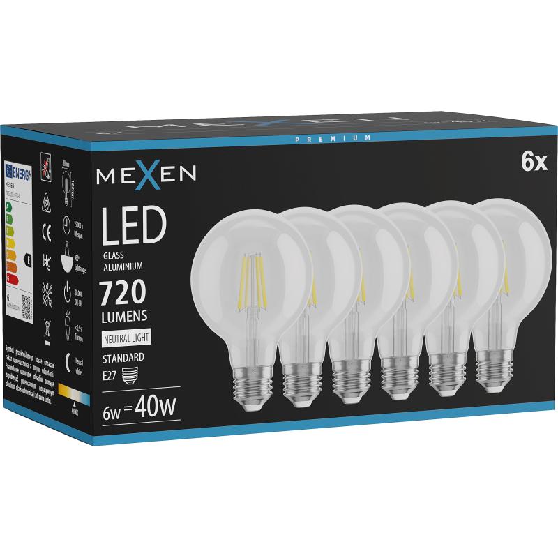 Mexen Vintis 6x žárovka filament LED E27, G80, 6W, Neutrální - 4000K, 720 lm, čirá - L155-E27-0640-00x06