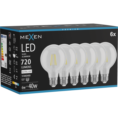 Mexen Vintis 6x žárovka filament LED E27, G80, 6W, Neutrální - 4000K, 720 lm, čirá - L155-E27-0640-00x06