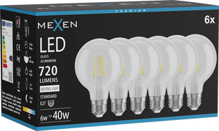Mexen Vintis 6x žárovka filament LED E27, G80, 6W, Neutrální - 4000K, 720 lm, čirá - L155-E27-0640-00x06