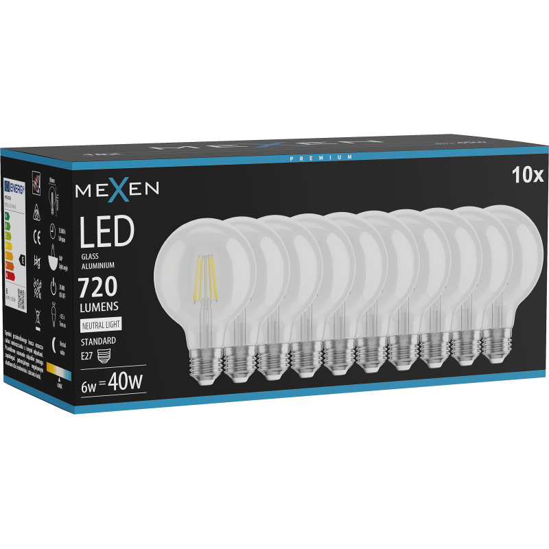 Mexen Vintis 10x žárovka filament LED E27, G80, 6W, Neutrální - 4000K, 720 lm, čirá - L155-E27-0640-00x10