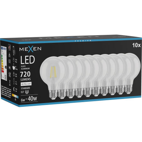 Mexen Vintis 10x žárovka filament LED E27, G80, 6W, Neutrální - 4000K, 720 lm, čirá - L155-E27-0640-00x10