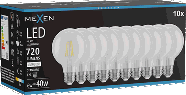 Mexen Vintis 10x žárovka filament LED E27, G80, 6W, Neutrální - 4000K, 720 lm, čirá - L155-E27-0640-00x10
