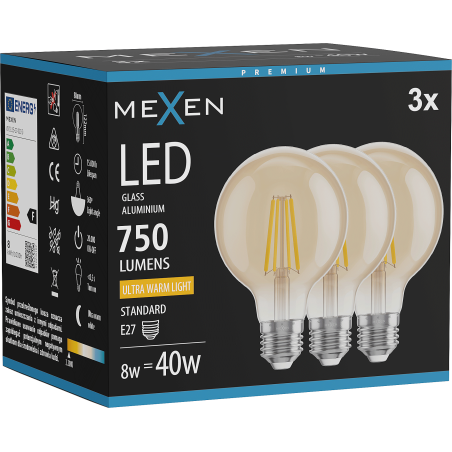 Mexen Vintis 3x žárovka filament LED E27, G80, 8W, Teplá - 2200K, 750 lm, jantarová - L155-E27-0822-50x03