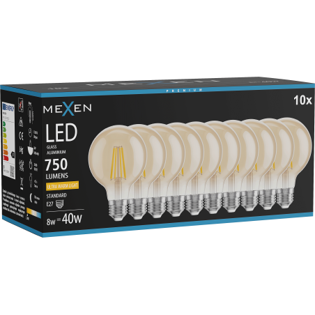 Mexen Vintis 10x žárovka filament LED E27, G80, 8W, Teplá - 2200K, 750 lm, amber - L155-E27-0822-50x10