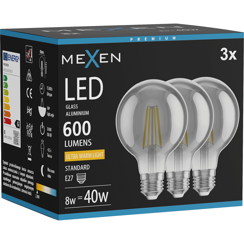 Mexen Vintis 3x Žárovka filament LED E27, G80, 8W, Teplá - 2200K, 600 lm, kouřová - L155-E27-0822-70x03