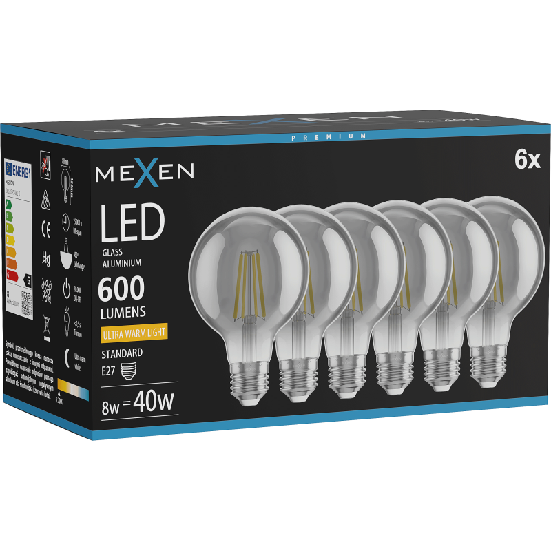Mexen Vintis 6x filamentová LED žárovka E27, G80, 8W, Teplá - 2200K, 600 lm, kouřová - L155-E27-0822-70x06
