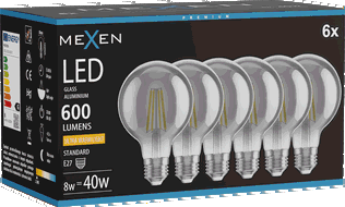 Mexen Vintis 6x filamentová LED žárovka E27, G80, 8W, Teplá - 2200K, 600 lm, kouřová - L155-E27-0822-70x06