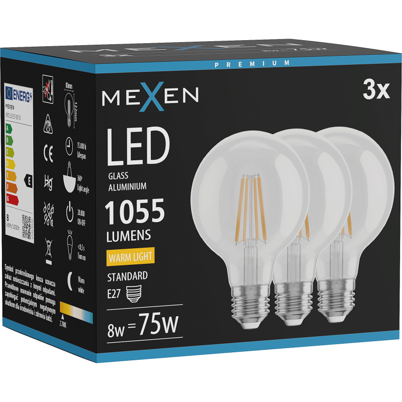 Mexen Vintis 3x žárovka filament LED E27, G80, 8W, Teplá - 2700K, 1055 lm, čirá - L155-E27-0827-00x03