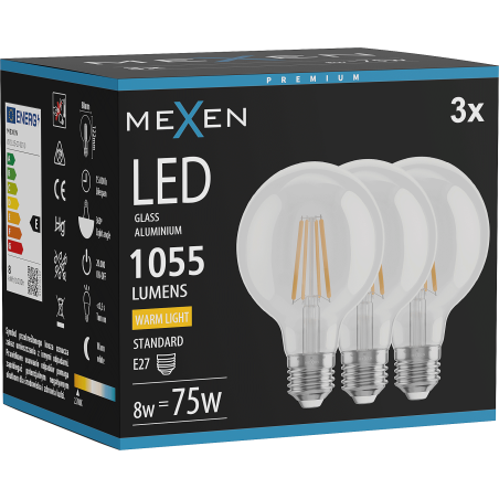 Mexen Vintis 3x žárovka filament LED E27, G80, 8W, Teplá - 2700K, 1055 lm, čirá - L155-E27-0827-00x03