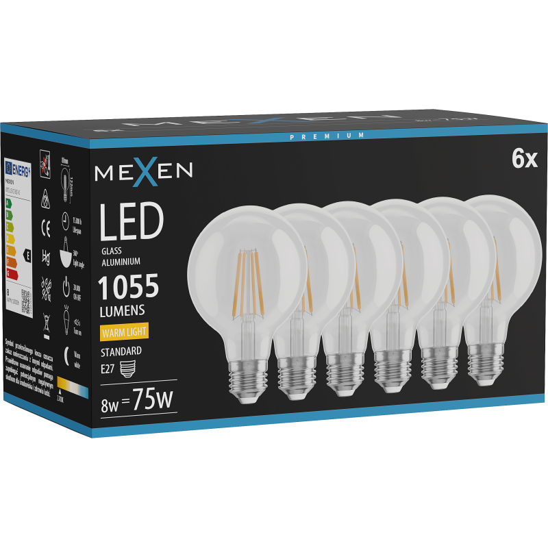 Mexen Vintis 6x Žárovka filament LED E27, G80, 8W, Teplá - 2700K, 1055 lm, čirá - L155-E27-0827-00x06