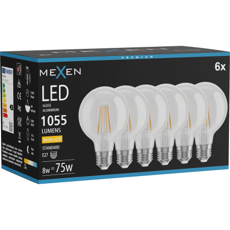 Mexen Vintis 6x Žárovka filament LED E27, G80, 8W, Teplá - 2700K, 1055 lm, čirá - L155-E27-0827-00x06