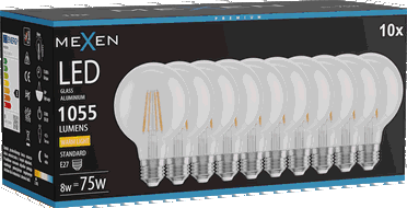 Mexen Vintis 10x žárovka filament LED E27, G80, 8W, Teplá - 2700K, 1055 lm, čirá - L155-E27-0827-00x10