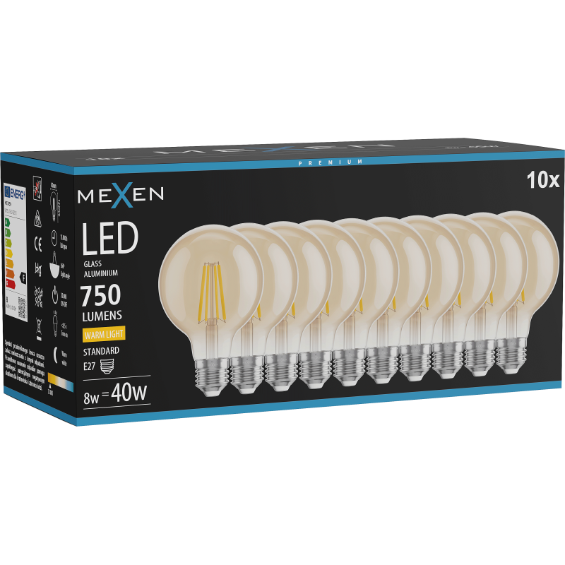 Mexen Vintis 10x žárovka filament LED E27, G80, 8W, Teplá - 2700K, 750 lm, jantarová - L155-E27-0827-50x10