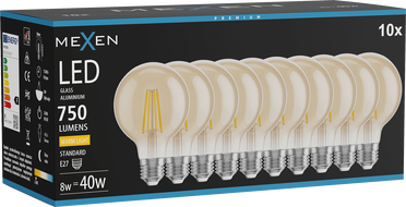Mexen Vintis 10x žárovka filament LED E27, G80, 8W, Teplá - 2700K, 750 lm, jantarová - L155-E27-0827-50x10