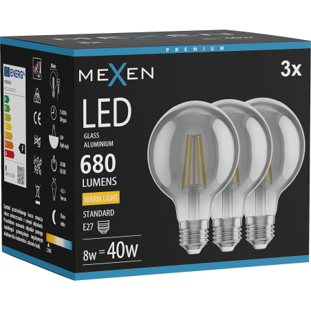 Mexen Vintis 3x LED filamentová žárovka E27, G80, 8W, Teplá - 2700K, 680 lm, kouřová - L155-E27-0827-70x03