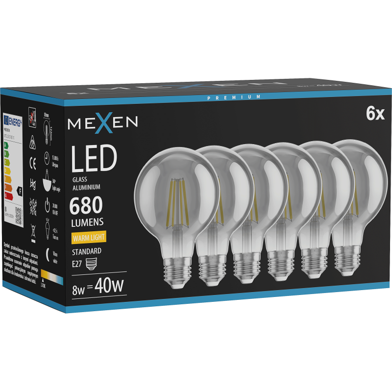 Mexen Vintis 6x Žárovka filament LED E27, G80, 8W, Teplá - 2700K, 680 lm, kouřová - L155-E27-0827-70x06