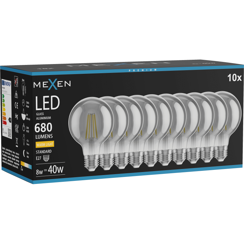 Mexen Vintis 10x žárovka filament LED E27, G80, 8W, Teplá - 2700K, 680 lm, kouřová - L155-E27-0827-70x10