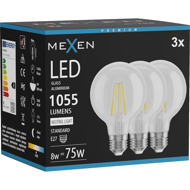 Mexen Vintis 3x žárovka filament LED E27, G80, 8W, Neutrální - 4000K, 1055 lm, čirá - L155-E27-0840-00x03
