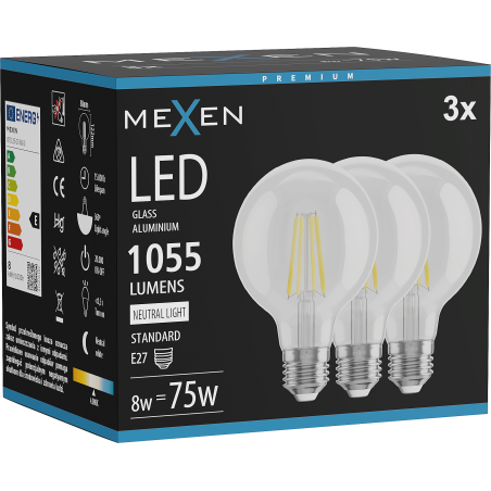 Mexen Vintis 3x žárovka filament LED E27, G80, 8W, Neutrální - 4000K, 1055 lm, čirá - L155-E27-0840-00x03
