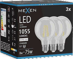 Mexen Vintis 3x žárovka filament LED E27, G80, 8W, Neutrální - 4000K, 1055 lm, čirá - L155-E27-0840-00x03