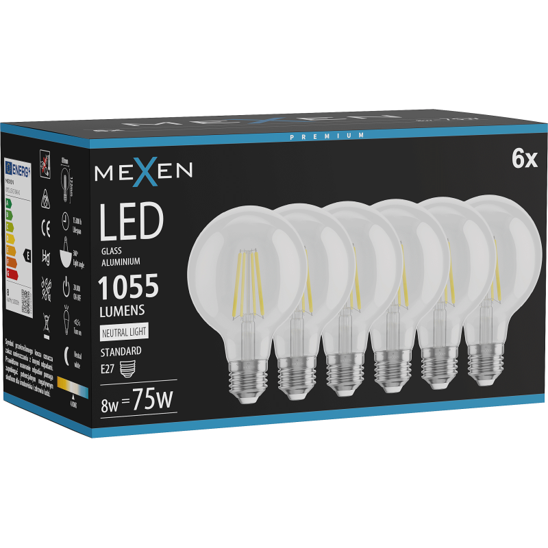 Mexen Vintis 6x LED filament žárovka E27, G80, 8W, Neutrální - 4000K, 1055 lm, čirá - L155-E27-0840-00x06