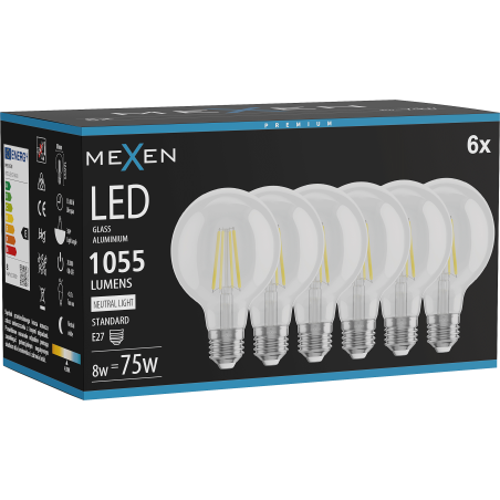 Mexen Vintis 6x LED filament žárovka E27, G80, 8W, Neutrální - 4000K, 1055 lm, čirá - L155-E27-0840-00x06