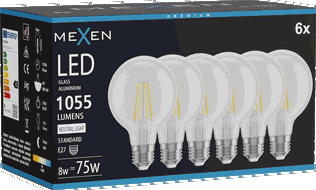 Mexen Vintis 6x LED filament žárovka E27, G80, 8W, Neutrální - 4000K, 1055 lm, čirá - L155-E27-0840-00x06