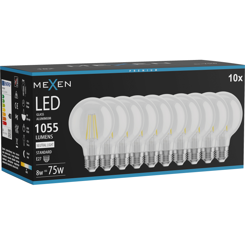 Mexen Vintis 10x žárovka filament LED E27, G80, 8W, Neutrální - 4000K, 1055 lm, čirá - L155-E27-0840-00x10