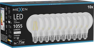 Mexen Vintis 10x žárovka filament LED E27, G80, 8W, Neutrální - 4000K, 1055 lm, čirá - L155-E27-0840-00x10