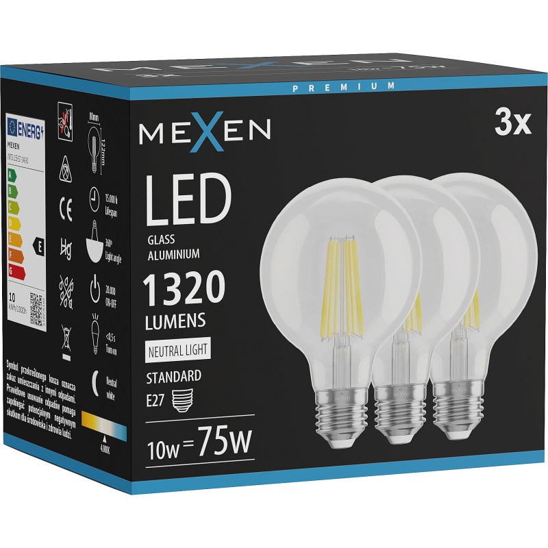 Mexen Vintis 3x Žárovka filament LED E27, G80, 10W, Neutrální - 4000K, 1320 lm, čirá - L155-E27-1040-00x03