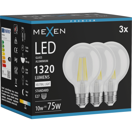 Mexen Vintis 3x Žárovka filament LED E27, G80, 10W, Neutrální - 4000K, 1320 lm, čirá - L155-E27-1040-00x03
