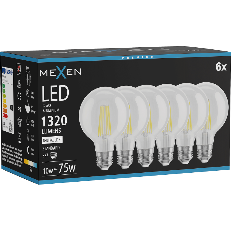 Mexen Vintis 6x žárovka filament LED E27, G80, 10W, Neutrální - 4000K, 1320 lm, čirá - L155-E27-1040-00x06