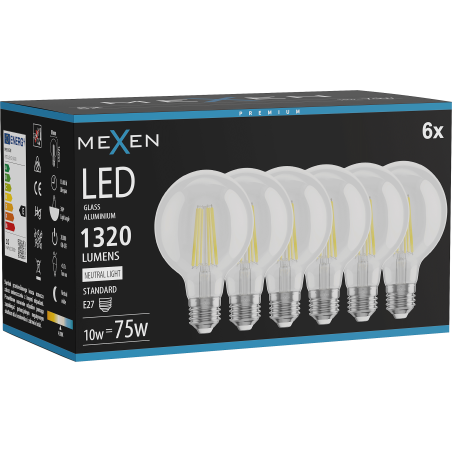 Mexen Vintis 6x žárovka filament LED E27, G80, 10W, Neutrální - 4000K, 1320 lm, čirá - L155-E27-1040-00x06