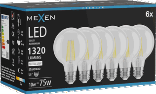 Mexen Vintis 6x žárovka filament LED E27, G80, 10W, Neutrální - 4000K, 1320 lm, čirá - L155-E27-1040-00x06