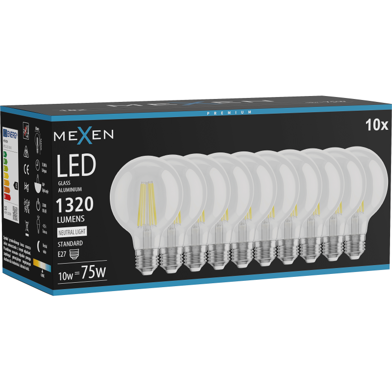 Mexen Vintis 10x LED vlákno žárovka E27, G80, 10W, Neutrální - 4000K, 1320 lm, čirá - L155-E27-1040-00x10