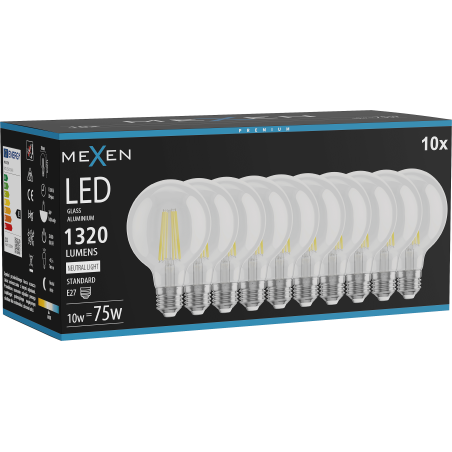 Mexen Vintis 10x LED vlákno žárovka E27, G80, 10W, Neutrální - 4000K, 1320 lm, čirá - L155-E27-1040-00x10