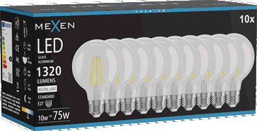 Mexen Vintis 10x LED vlákno žárovka E27, G80, 10W, Neutrální - 4000K, 1320 lm, čirá - L155-E27-1040-00x10