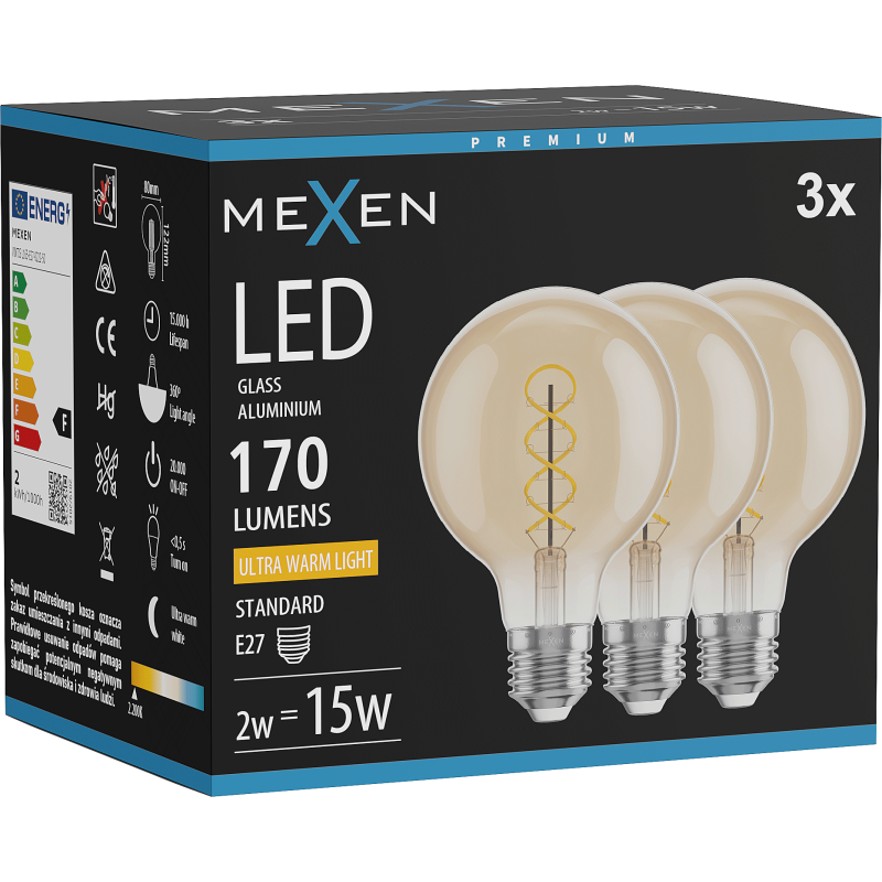 Mexen Vintis 3x Žárovka filament spirála LED E27, G80, 2W, Teplá - 2200K, 170 lm, jantarová - L165-E27-0222-50x03