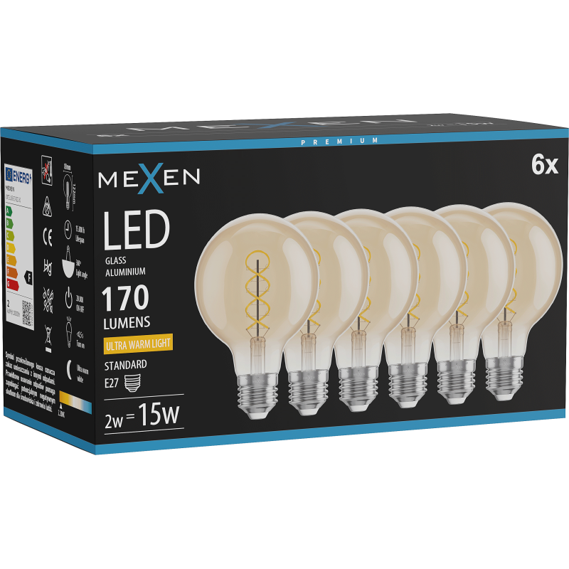 Mexen Vintis 6x žárovka filament spirála LED E27, G80, 2W, Teplá - 2200K, 170 lm, amber - L165-E27-0222-50x06