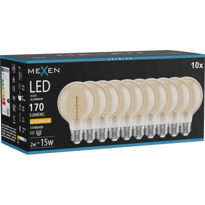 Mexen Vintis 10x žárovka filament spirála LED E27, G80, 2W, Teplá - 2200K, 170 lm, amber - L165-E27-0222-50x10