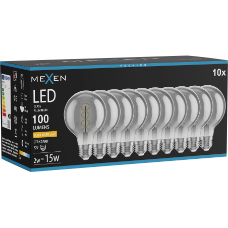 Mexen Vintis 10x žárovka filament spirála LED E27, G80, 2W, Teplá - 2200K, 100 lm, kouřová - L165-E27-0222-70x10