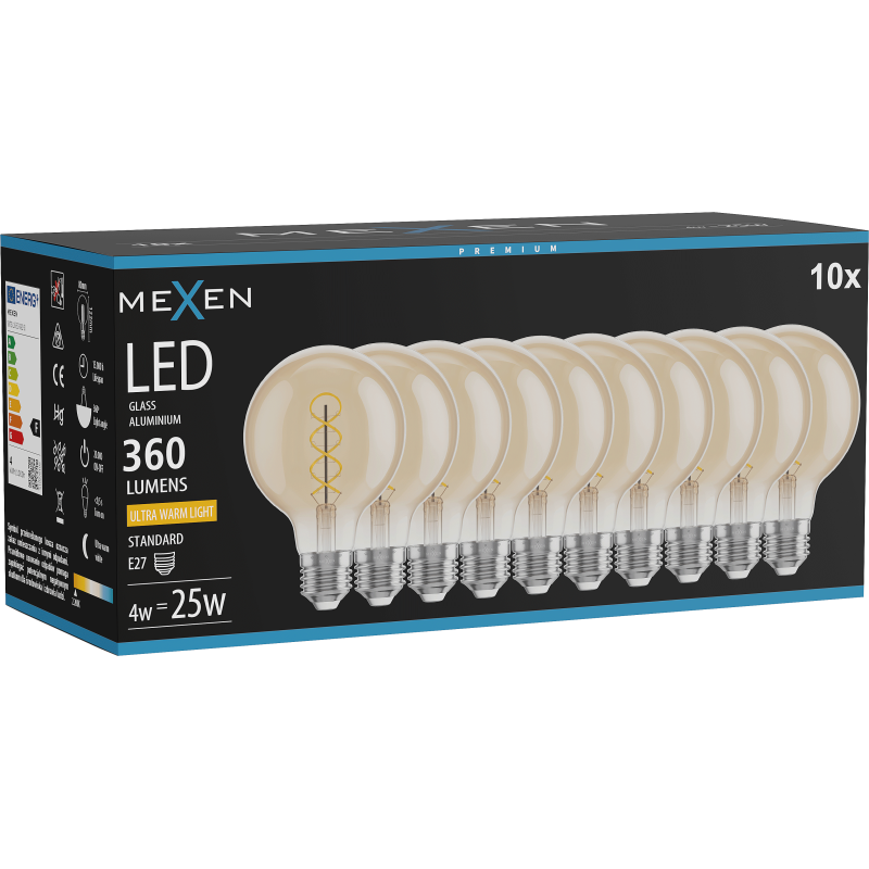 Mexen Vintis 10x žárovka filament spirála LED E27, G80, 4W, Teplá - 2200K, 360 lm, amber - L165-E27-0422-50x10