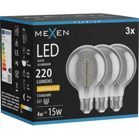 Mexen Vintis 3x Žárovka filament spirála LED E27, G80, 4W, Teplá - 2200K, 220 lm, smoke - L165-E27-0422-70x03