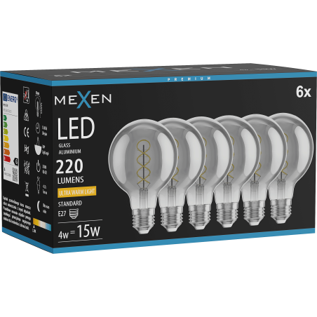 Mexen Vintis 6x žárovka filament spirála LED E27, G80, 4W, Teplá - 2200K, 220 lm, kouřová - L165-E27-0422-70x06