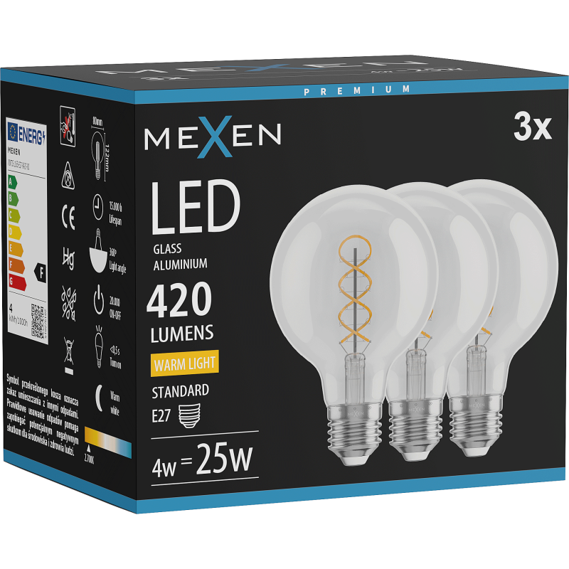 Mexen Vintis 3x žárovka filament spirála LED E27, G80, 4W, Teplá - 2700K, 420 lm, čirá - L165-E27-0427-00x03