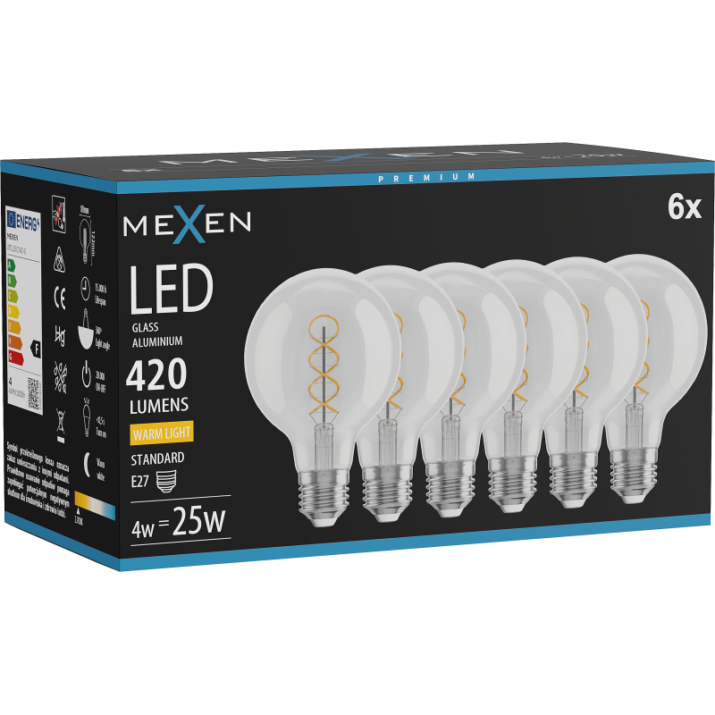 Mexen Vintis 6x žárovka filament spirála LED E27, G80, 4W, Teplá - 2700K, 420 lm, čirá - L165-E27-0427-00x06